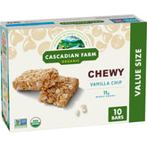 Cascadian Farm vanilla chip chewy granola bar unwrapped, ideal for on-the-go snacking.