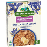 Cascadian Farm Vanilla Crisp cereal packaging showing organic no added sugar claim