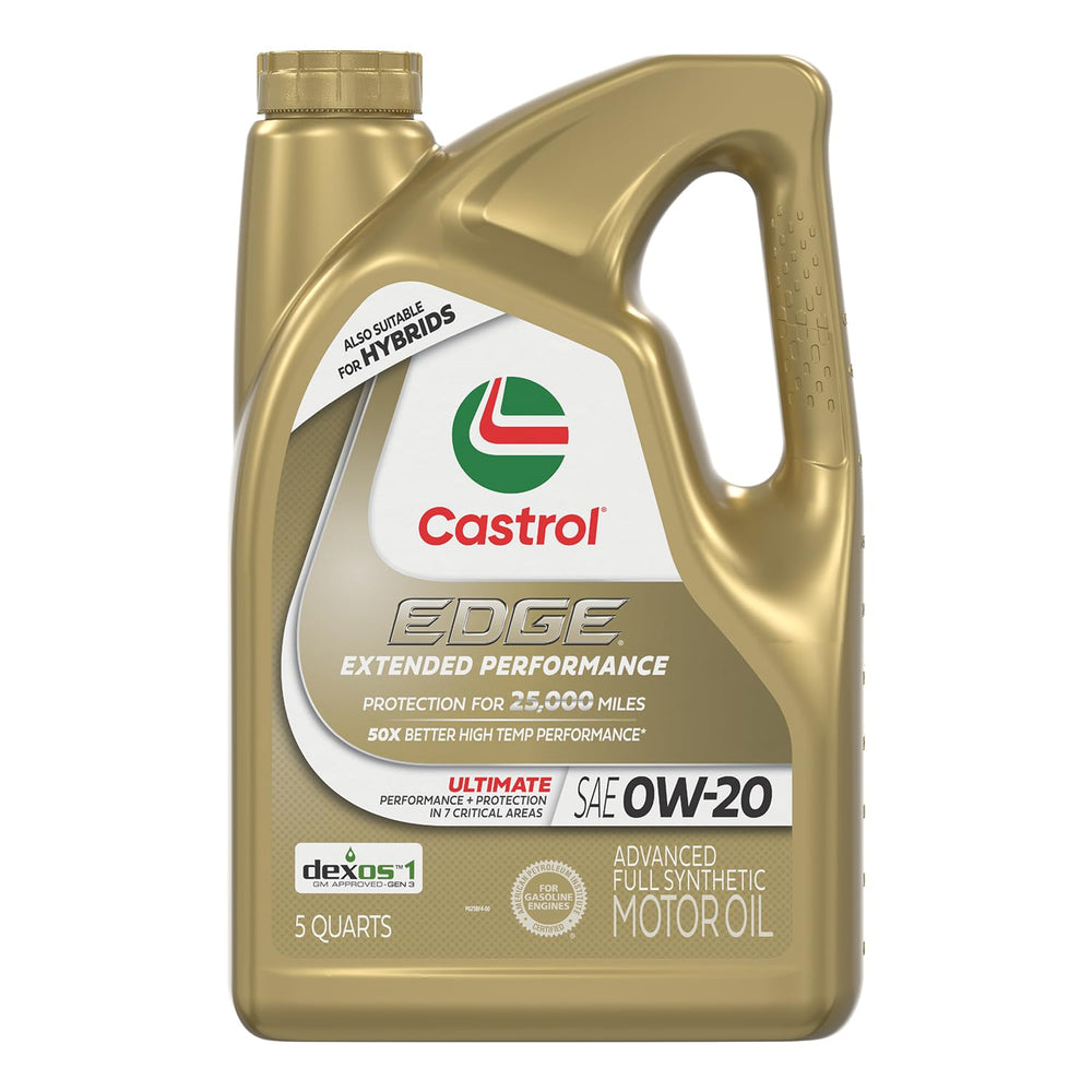 Castrol EDGE 0W-20 bottle with advanced synthetic formula for wear protection