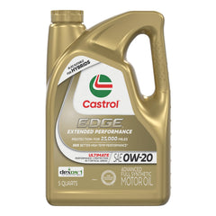 Castrol EDGE 0W-20 bottle with advanced synthetic formula for wear protection