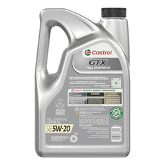 Castrol GTX Full Synthetic 5W-20 oil can close-up highlighting wear protection for key engine parts.