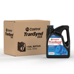 Castrol TranSynd 668 bottle close-up for Allison transmissions, supporting longer gear life