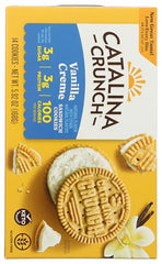 Catalina Crunch Vanilla Creme Sandwich Cookies bite-shot highlights satisfying crunch.