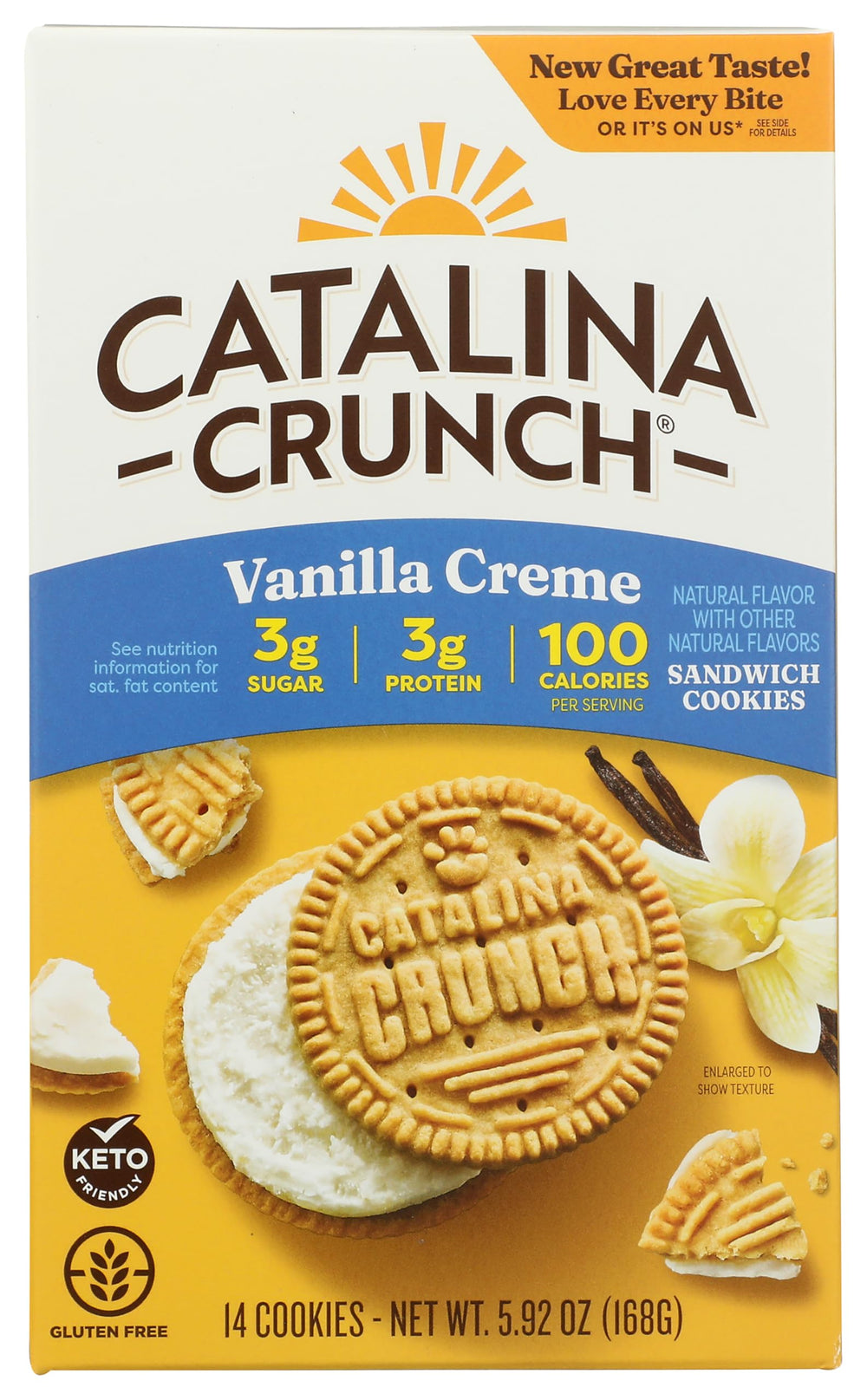 Catalina Crunch Vanilla Creme Sandwich Cookies pack illustrates convenient keto-friendly snack.
