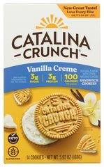 Catalina Crunch Vanilla Creme Sandwich Cookies pack illustrates convenient keto-friendly snack.