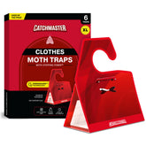 Catchmaster clothing moth traps red XL, visible in closet, helping protect textiles.