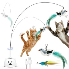 CatPick interactive toy shows a flying bird wand for engaging indoor play sessions.