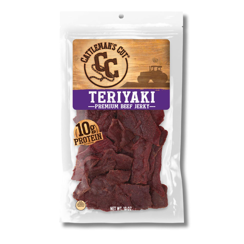 Cattleman's Cut Teriyaki Beef Jerky bag showing premium marinated beef for protein on the go.