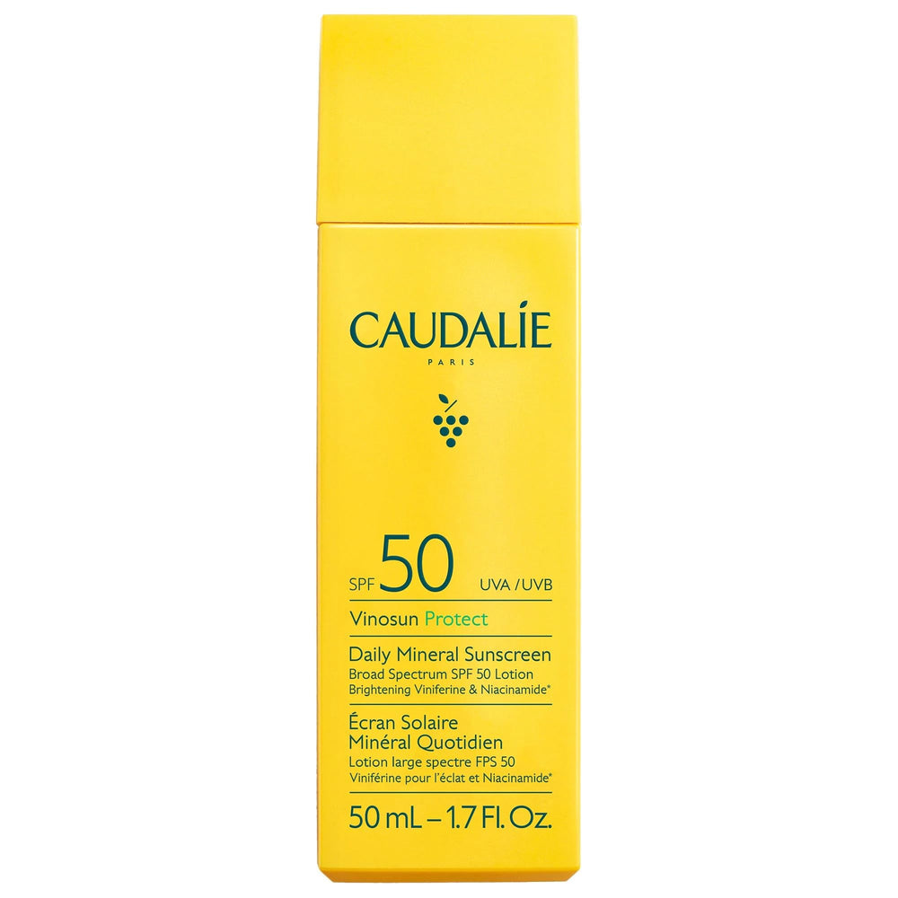 Caudalie Vinosun Protect daily mineral sunscreen bottle showing clean mineral protection.