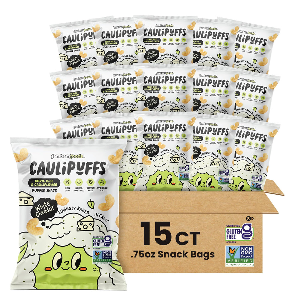 CauliPuffs white cheddar snack bag close-up, light and crispy puffs for quick cravings.