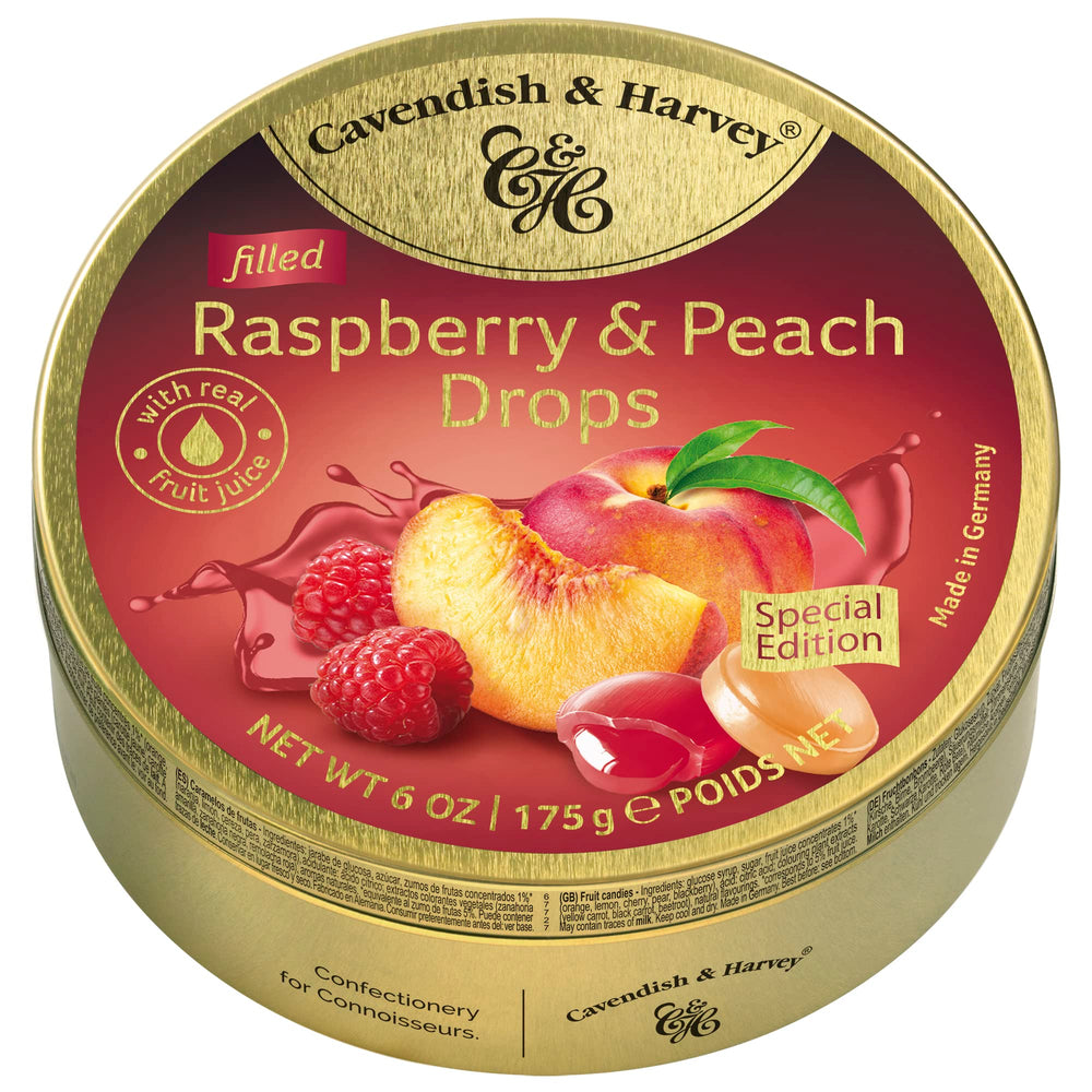 Cavendish & Harvey Raspberry & Peach Drops in premium gold tin, ideal for gifting.