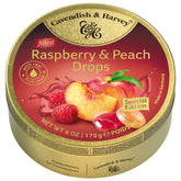 Cavendish & Harvey Raspberry & Peach Drops in premium gold tin, ideal for gifting.