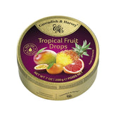 Cavendish and Harvey tropical fruit candy drops in a gold tin for premium freshness.