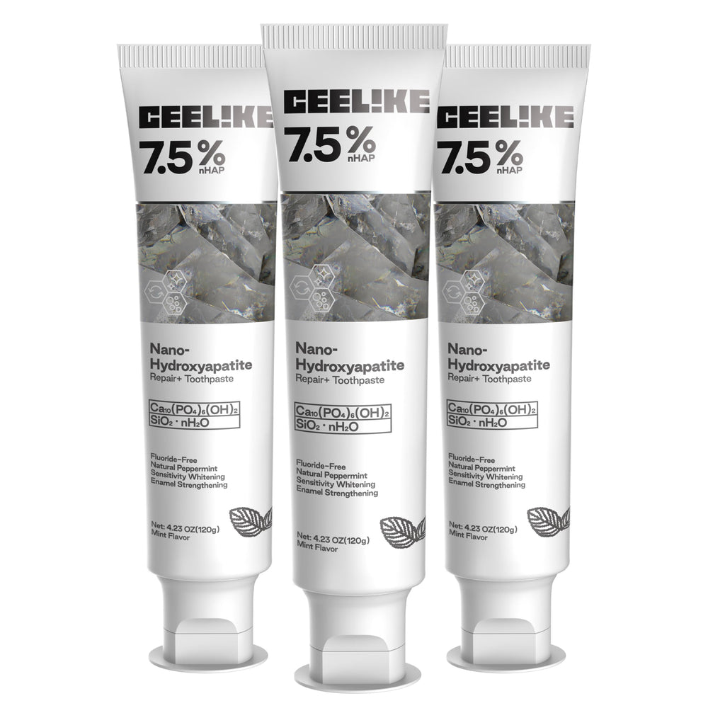 CEELIKE hydroxyapatite toothpaste tube closeup highlighting enamel-strengthening action.
