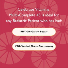 Celebrate Bariatric Supplements Multi-Complete nutrition panel with chelated minerals for absorption.