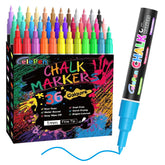 Celepen extra-fine-tip liquid chalk markers on a chalkboard for precise lettering