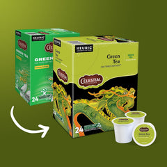Celestial Seasonings green tea and Bai Mu Dan white tea blend pods for Keurig brewers.