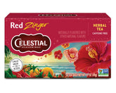 Celestial Seasonings hibiscus tea packet close-up, vibrant and caffeine-free