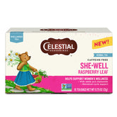 Celestial Seasonings SheWell Raspberry Leaf Wellness Tea box showcases calming evenings.