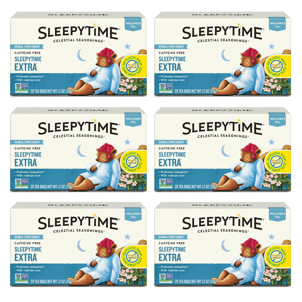 Celestial Seasonings Sleepytime Extra tea packaging invites nightly rituals.