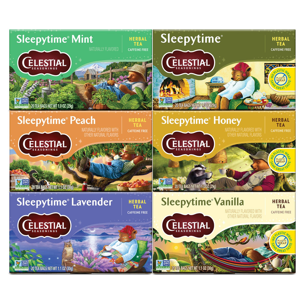 Celestial Seasonings Sleepytime tea bags on the counter for calming evening routine.