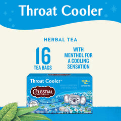 Celestial Seasonings Throat Cooler ingredients include menthol and peppermint for a cool experience.