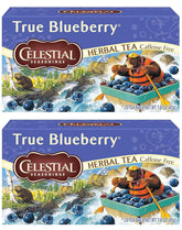 Celestial Seasonings True Blueberry box front with blueberry imagery, inviting aroma.