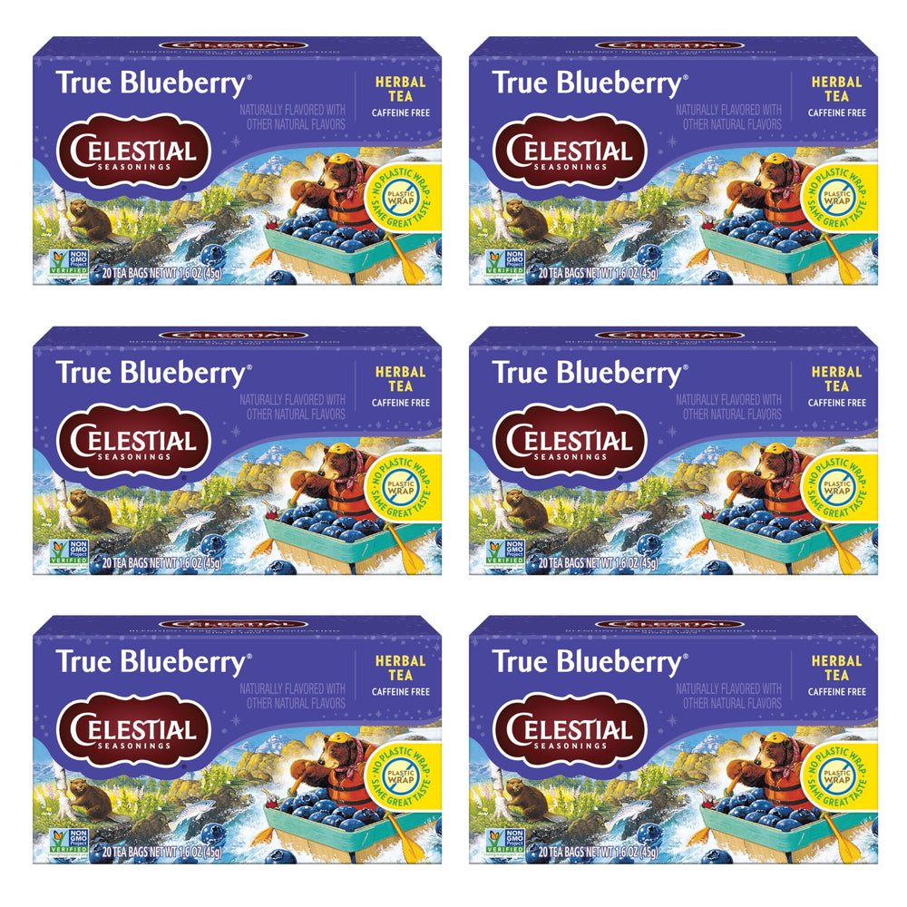 Celestial Seasonings True Blueberry tea bag closeup, highlighting natural blueberry flavor for a soothing moment.