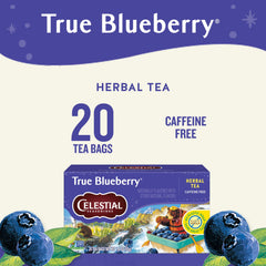 Celestial Seasonings True Blueberry box front, showcasing caffeine-free herbal blend.