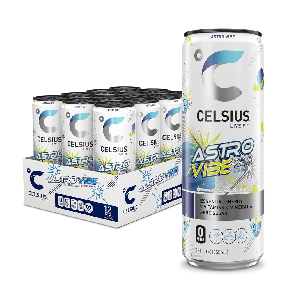 CELSIUS Astro Vibe Blue Razz can ready for an energizing sip