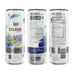 Pouring CELSIUS Astro Vibe Blue Razz, sparkling flavor