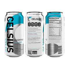 Celsius Essentials MetaPlus ingredients panel close-up, premium blend.