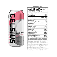 CELSIUS Essentials Sparkling Watermelon Ice can label closeup highlights nutrition facts.