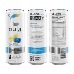 Glass and can display CELSIUS Blue Razz flavor and citrus finish for a refreshing taste.