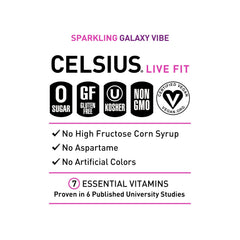 Celsius Galaxy Vibe close-up reveals sparkling bubbles and fruity flavor for workouts.