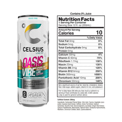 CELSIUS Oasis Vibe Prickly Pear Lime can side view, compact on-the-go energy.