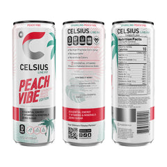Celsius Peach Vibe can side view, compact energy for workouts and focus.