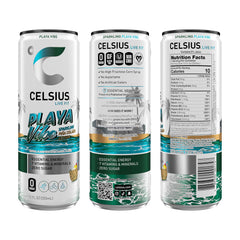CELSIUS Playa Vibe can side, convenient 12-pack for on-the-go energy.