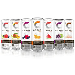 CELSIUS slim can 12 oz pack display for easy on-the-go energy