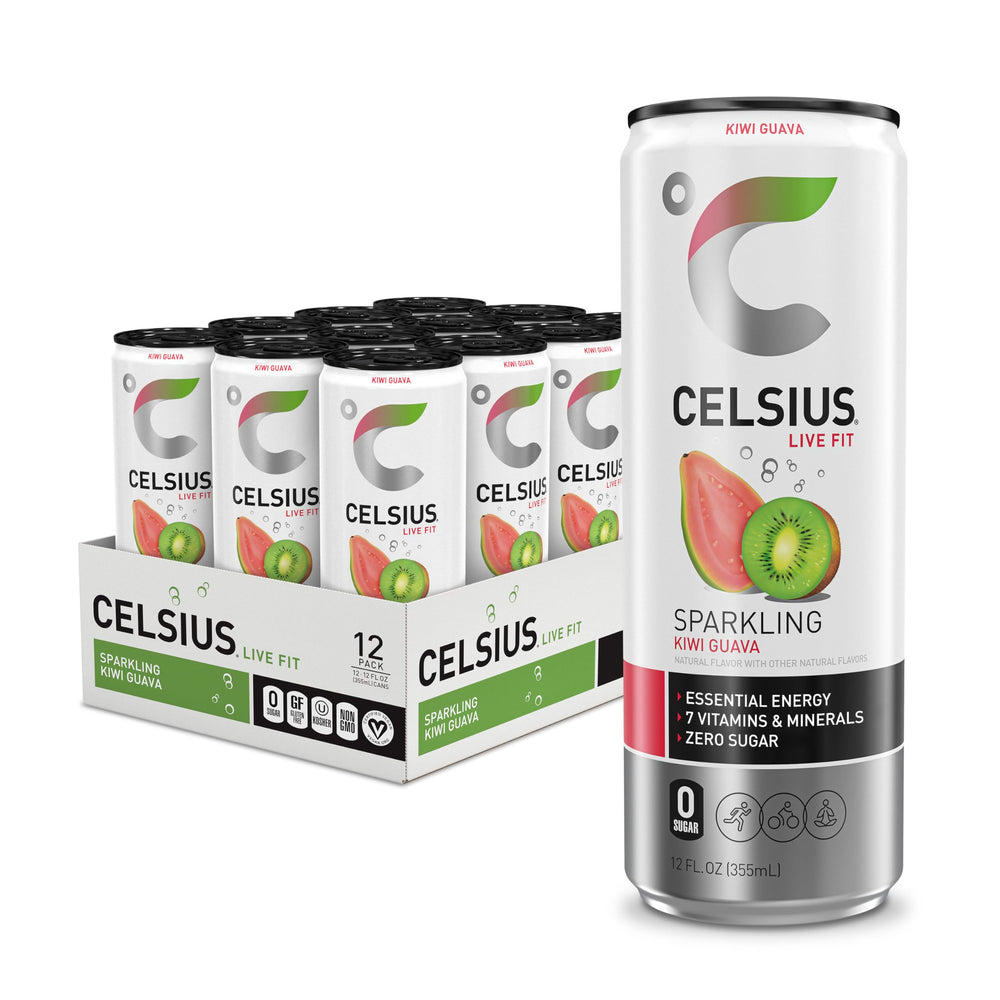 Celsius Sparkling Kiwi Guava bottle highlighting zero sugar and a premium energy blend.