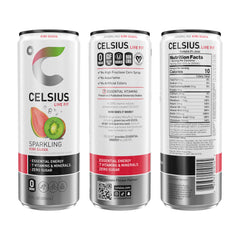 Celsius Sparkling Kiwi Guava label emphasizes natural ingredients and tropical flavor.