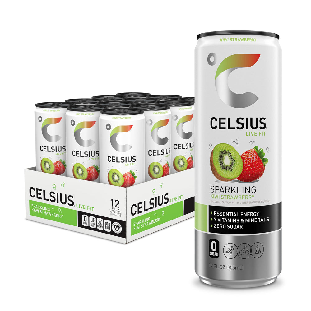Celsius Sparkling Kiwi Strawberry can close-up showing zero sugar energy for post-workout refreshment