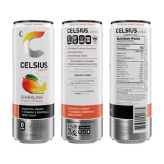 CELSIUS Sparkling Mango Lemonade being poured into a glass, showcasing bright flavor and fizz.