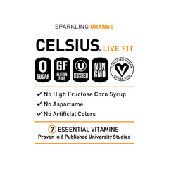 CELSIUS Sparkling Orange glass with ice conveys refreshing, invigorating flavor.