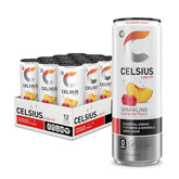 Celsius Sparkling Raspberry Peach can ready for a pre-workout energy boost.