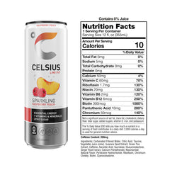 Celsius Sparkling Raspberry Peach label highlights premium ingredients for flavor-forward energy.