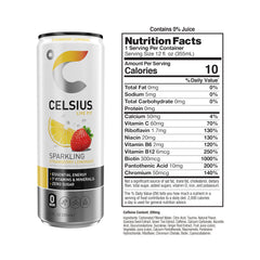 CELSIUS Sparkling Strawberry Lemonade can back with ingredients and nutrition notes