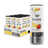 CELSIUS Sparkling Strawberry Lemonade can front displaying vibrant label and zero sugar energy