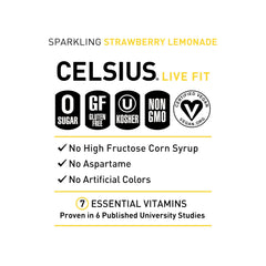 CELSIUS Sparkling Strawberry Lemonade ingredients panel highlights premium vitamins