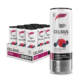 CELSIUS Sparkling Wild Berry can closeup shows zero sugar and caffeine boost